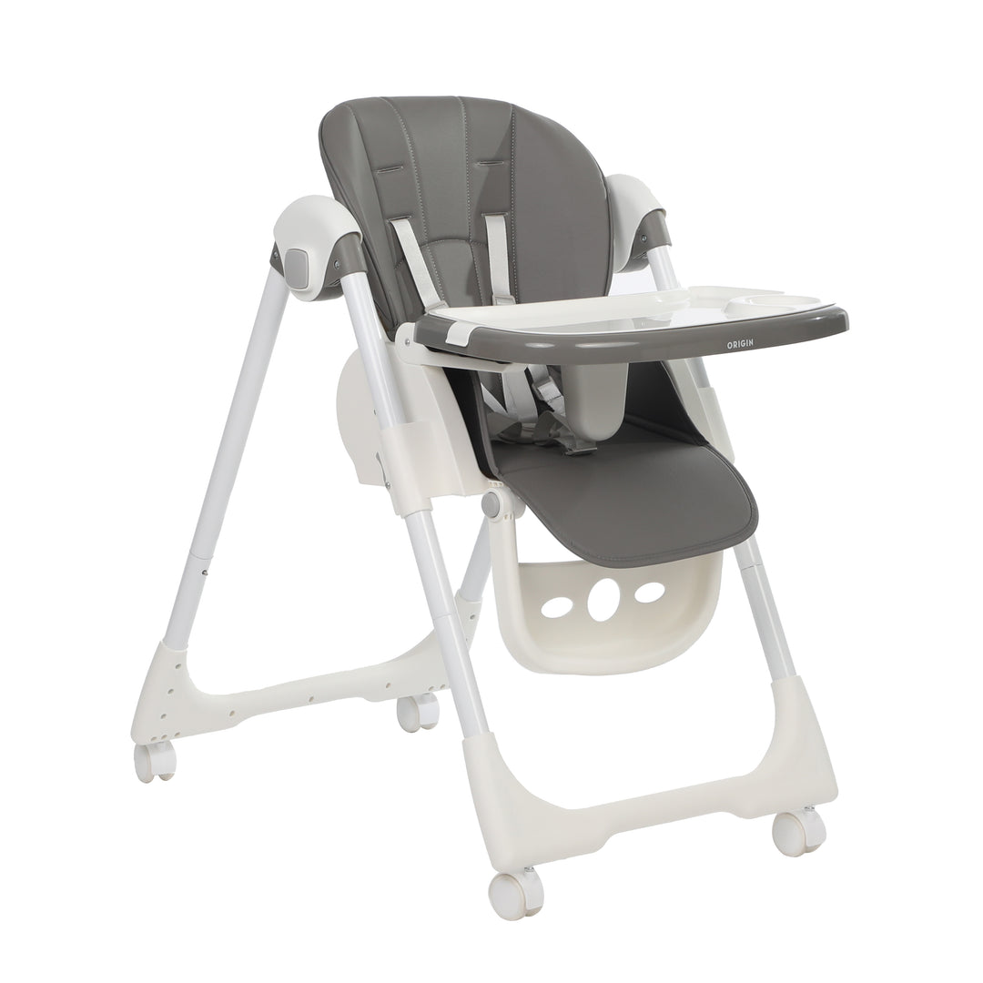 ORIGIN Marigold highchair front view medium height with tray attached on white background