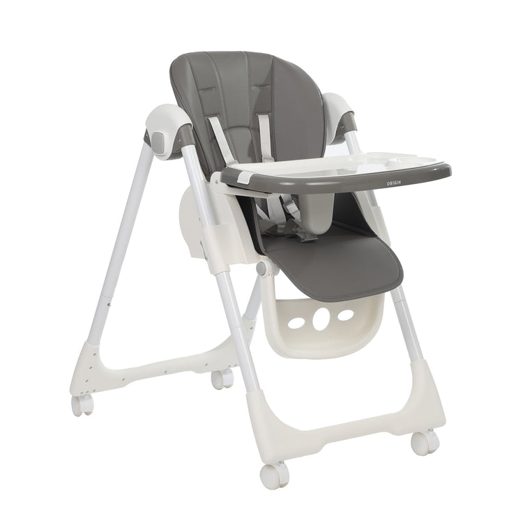 ORIGIN Marigold highchair front view medium height with tray attached on white background