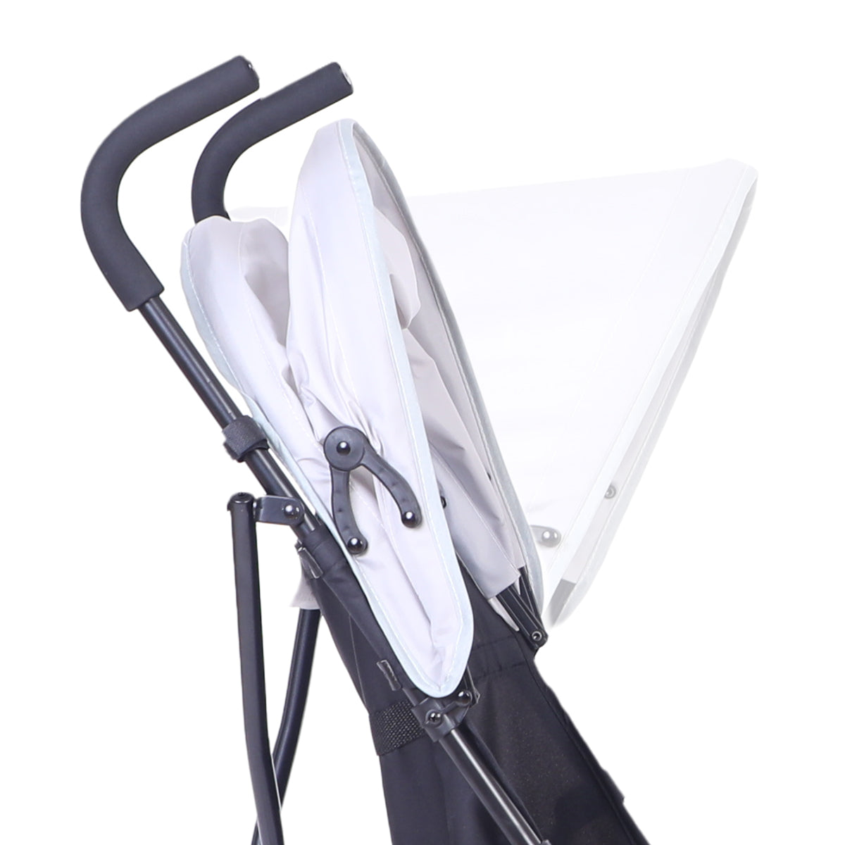 Close-up of ORIGIN Robin stroller frame and sunshade wheels showing lightweight construction and swivel front wheels.