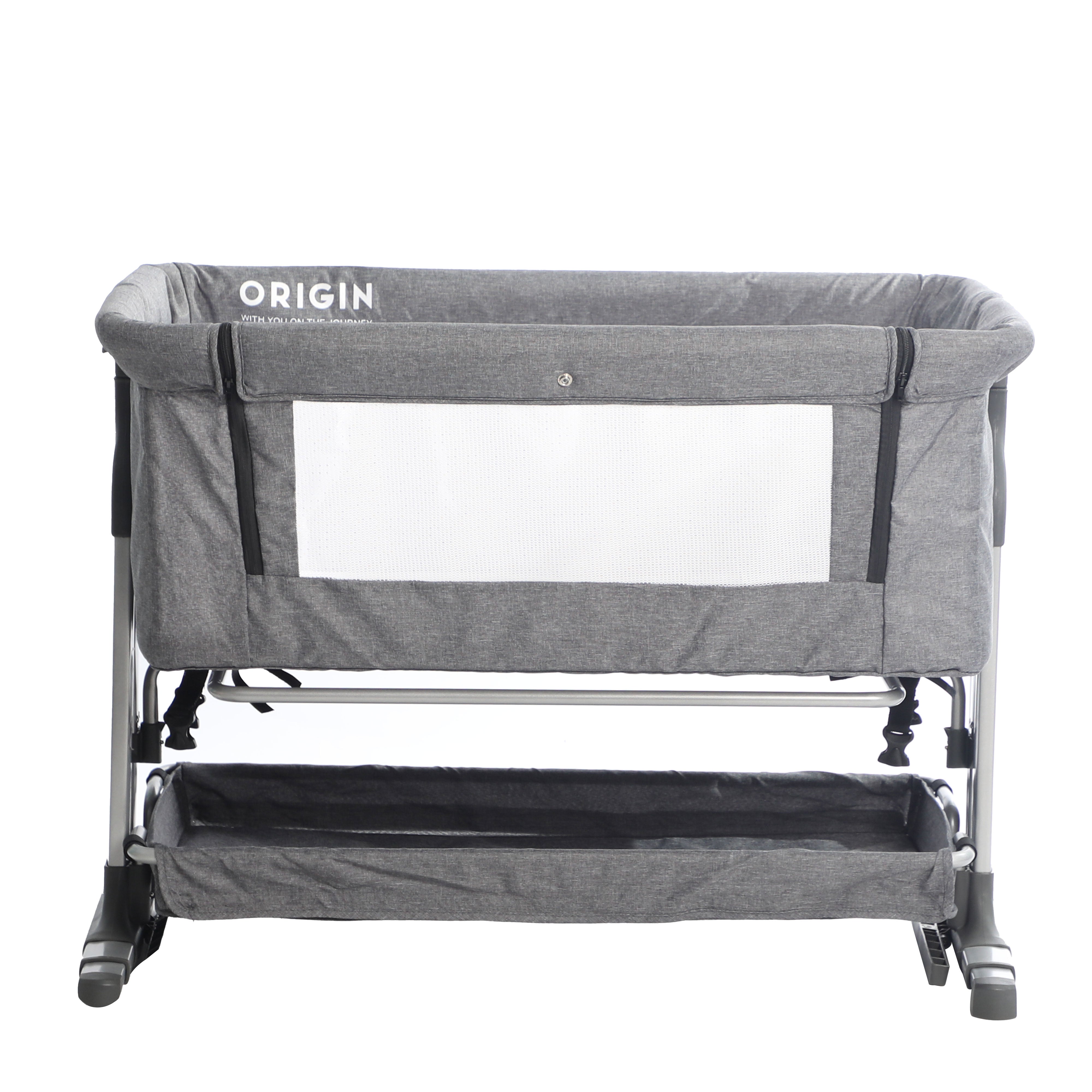 ORIGIN Morepork co-sleeper bedside bassinet in neutral colour, side view at low height