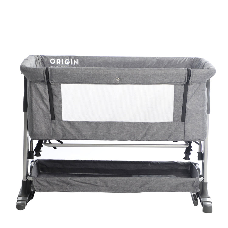 ORIGIN Morepork co-sleeper bedside bassinet in neutral colour, side view at low height