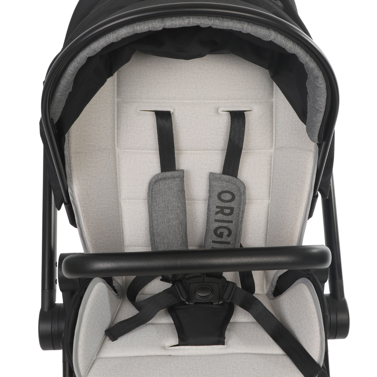 ORIGIN Fantail stroller seat interior showing padded harness and canopy