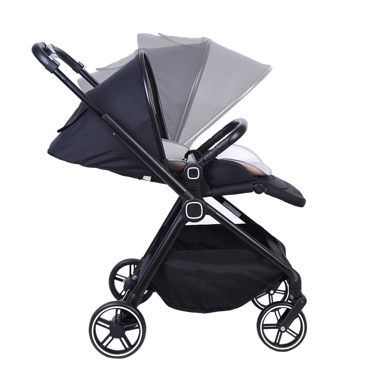 ORIGIN Fantail stroller side view showing canopy frame and wheels, with seat fully reclined