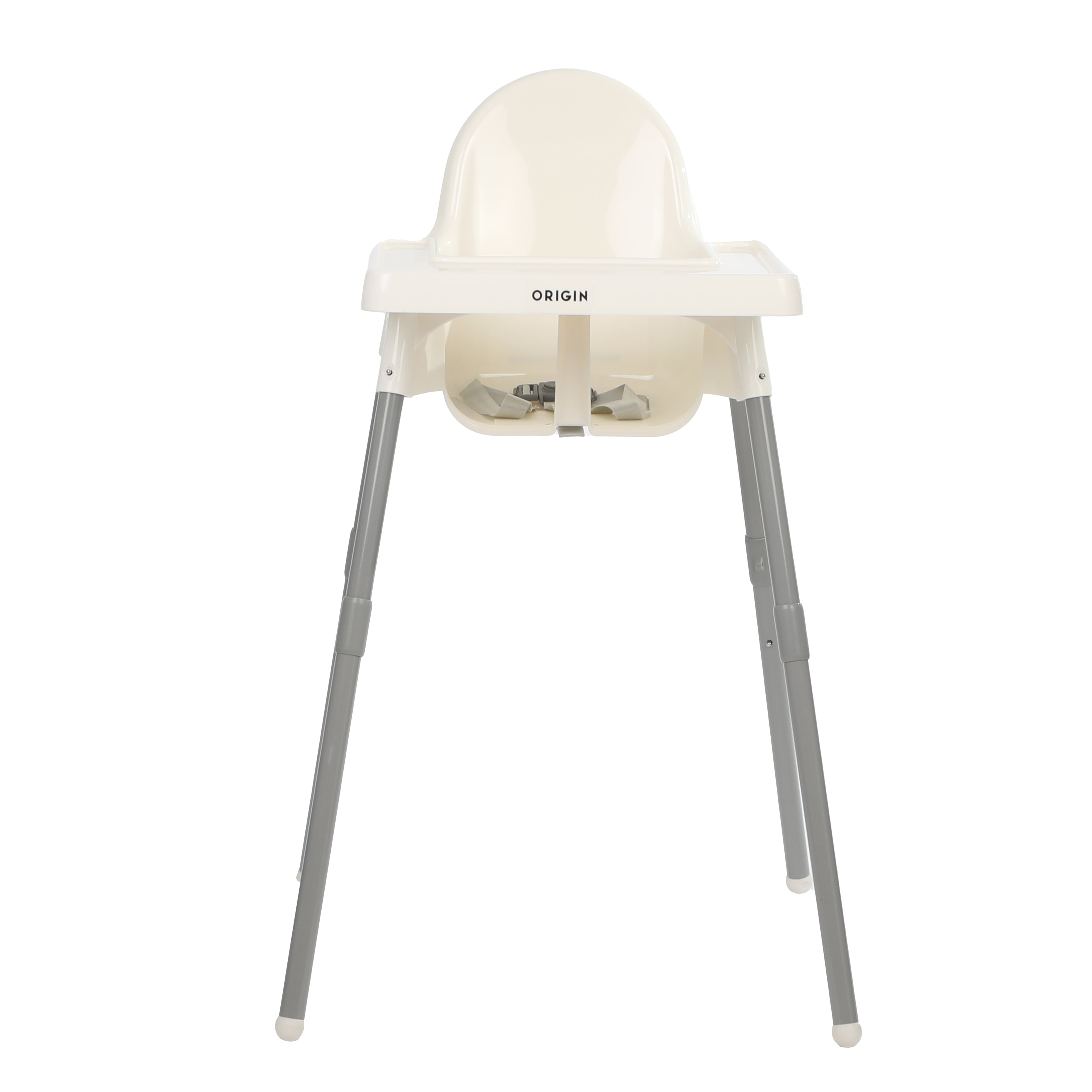 ORIGIN Kiwi Highchair in neutral finish with tray attached, modern baby feeding chair front view