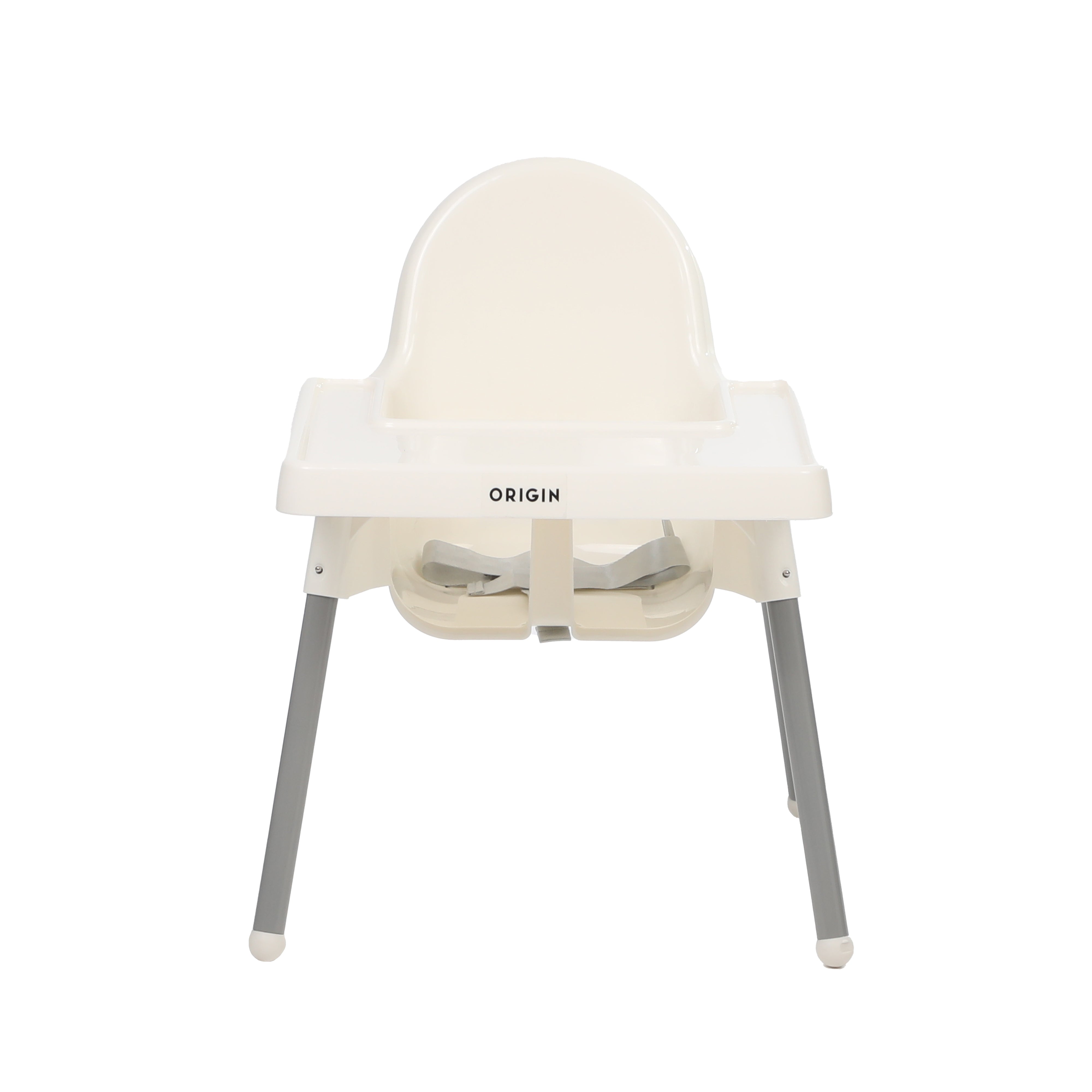 ORIGIN Kiwi Highchair in neutral finish with tray attached, modern baby feeding chair front view at low height