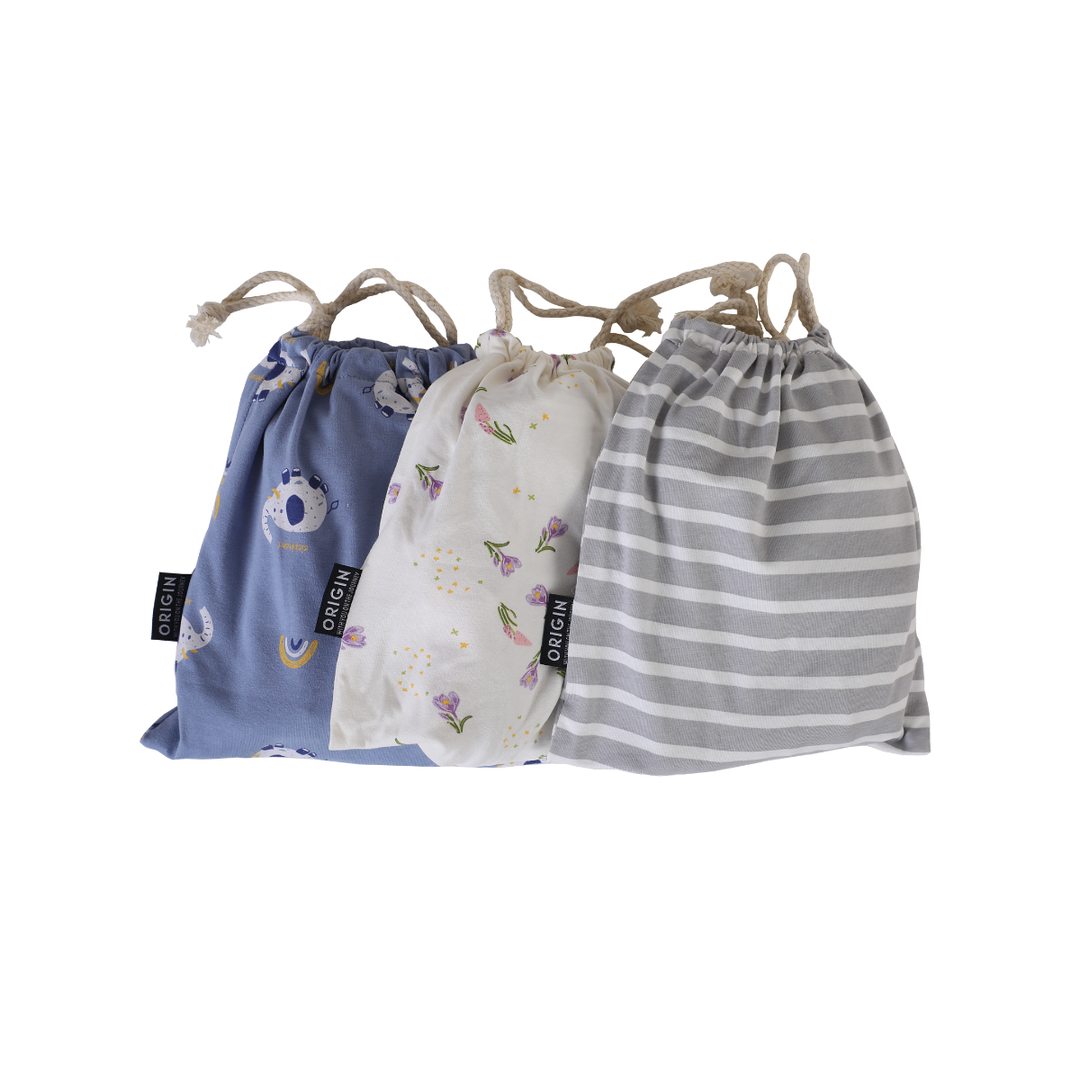 ORIGIN 5 in 1 Cover set of bags in each design option, blue elephant, then floral, and lastly grey stripe