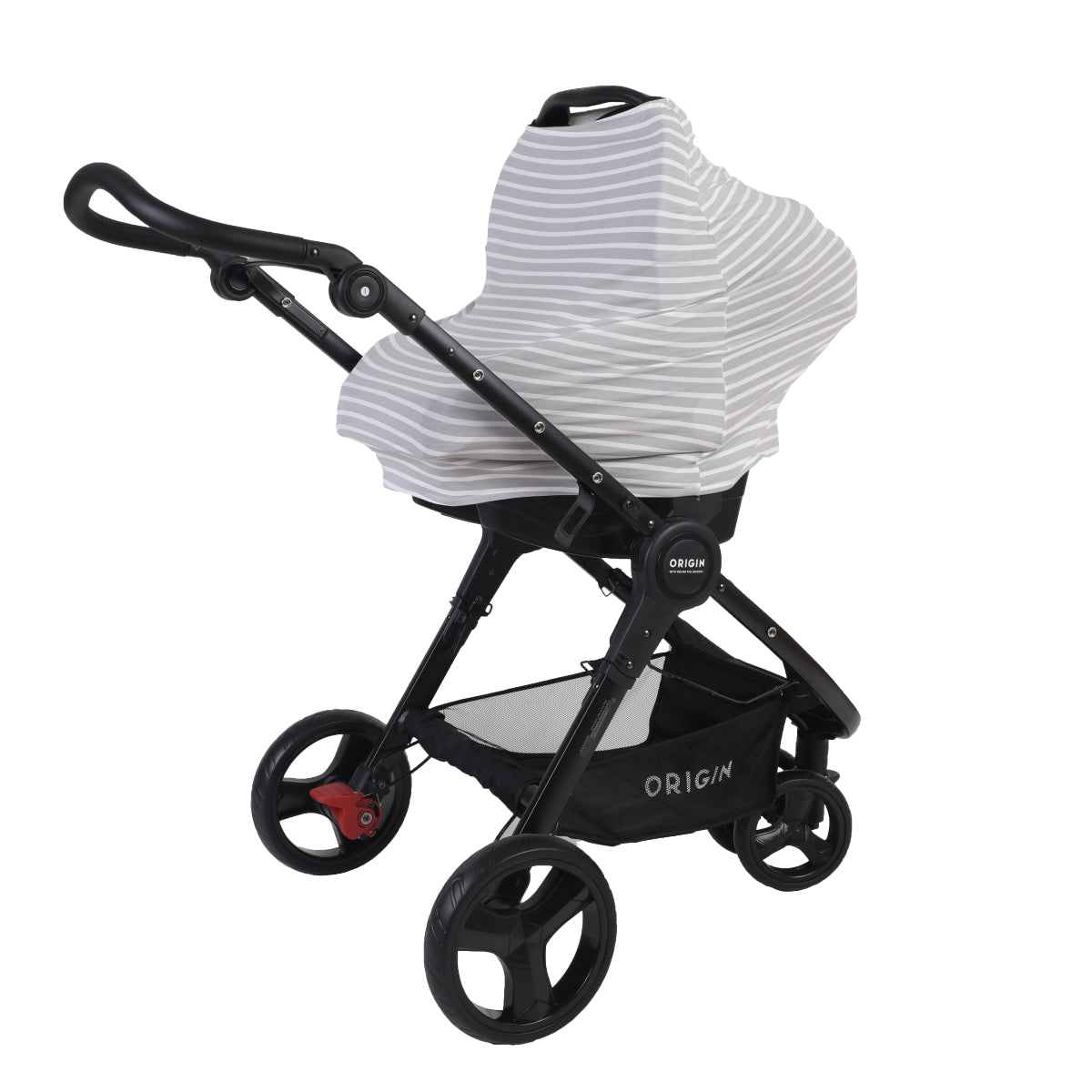 ORIGIN 5 in 1 Cover being used to cover a buggy showcasing the grey stripe design option