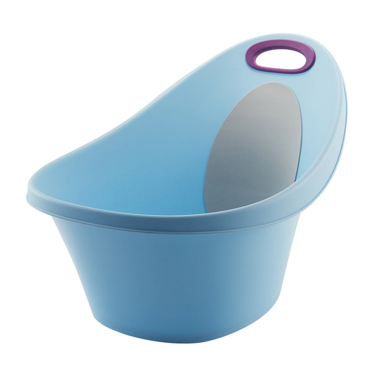 Blue baby bathtub with a purple handle on a white background