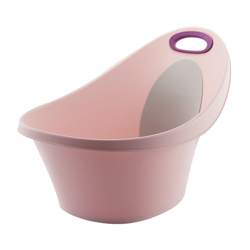Pink baby bathtub with a purple handle on a white background