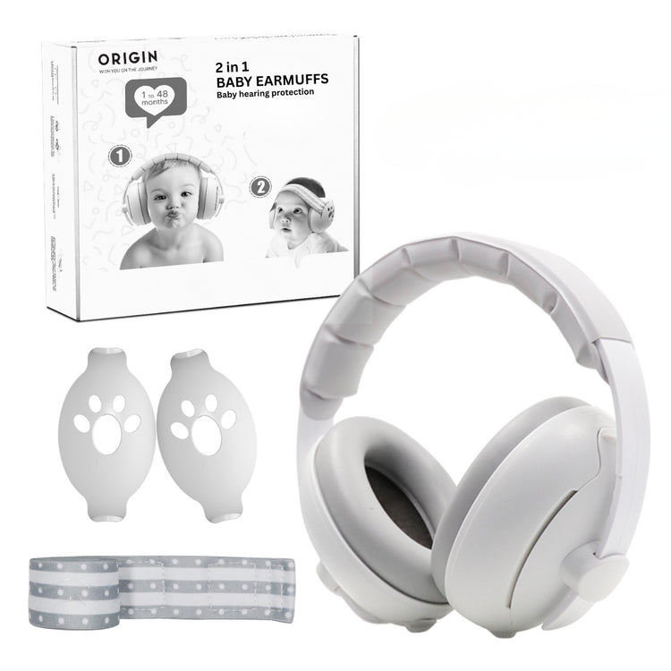 White baby earmuffs with packaging labeled 'Origin' on a white background