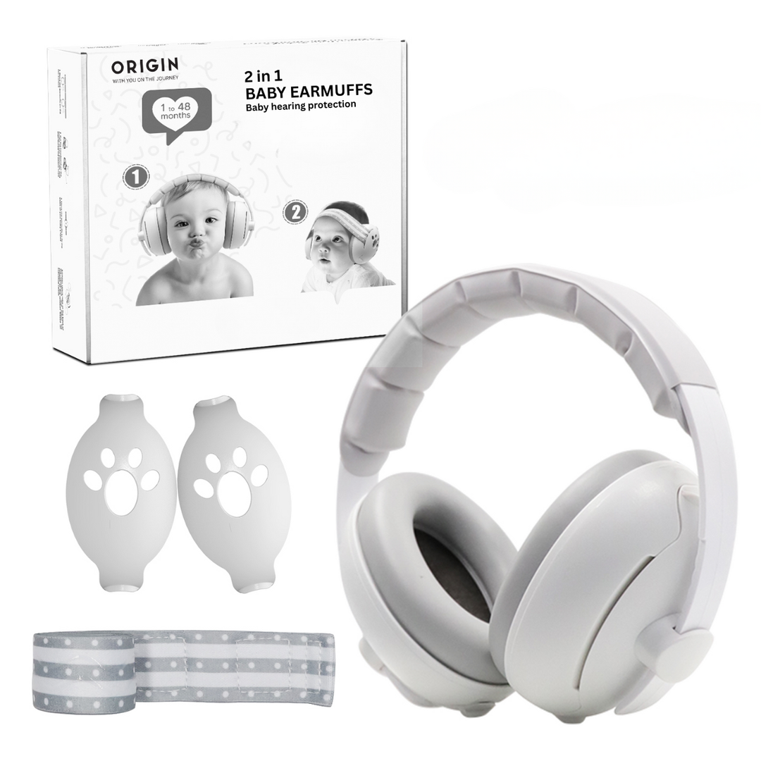 White baby earmuffs with packaging labeled 'Origin' on a white background