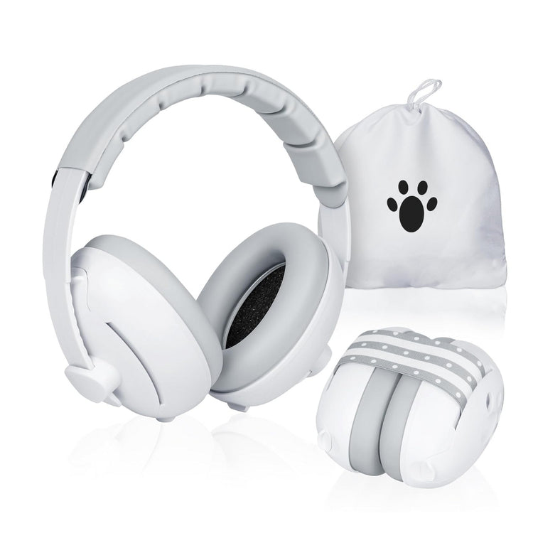 White headphones with a carrying case on a white background