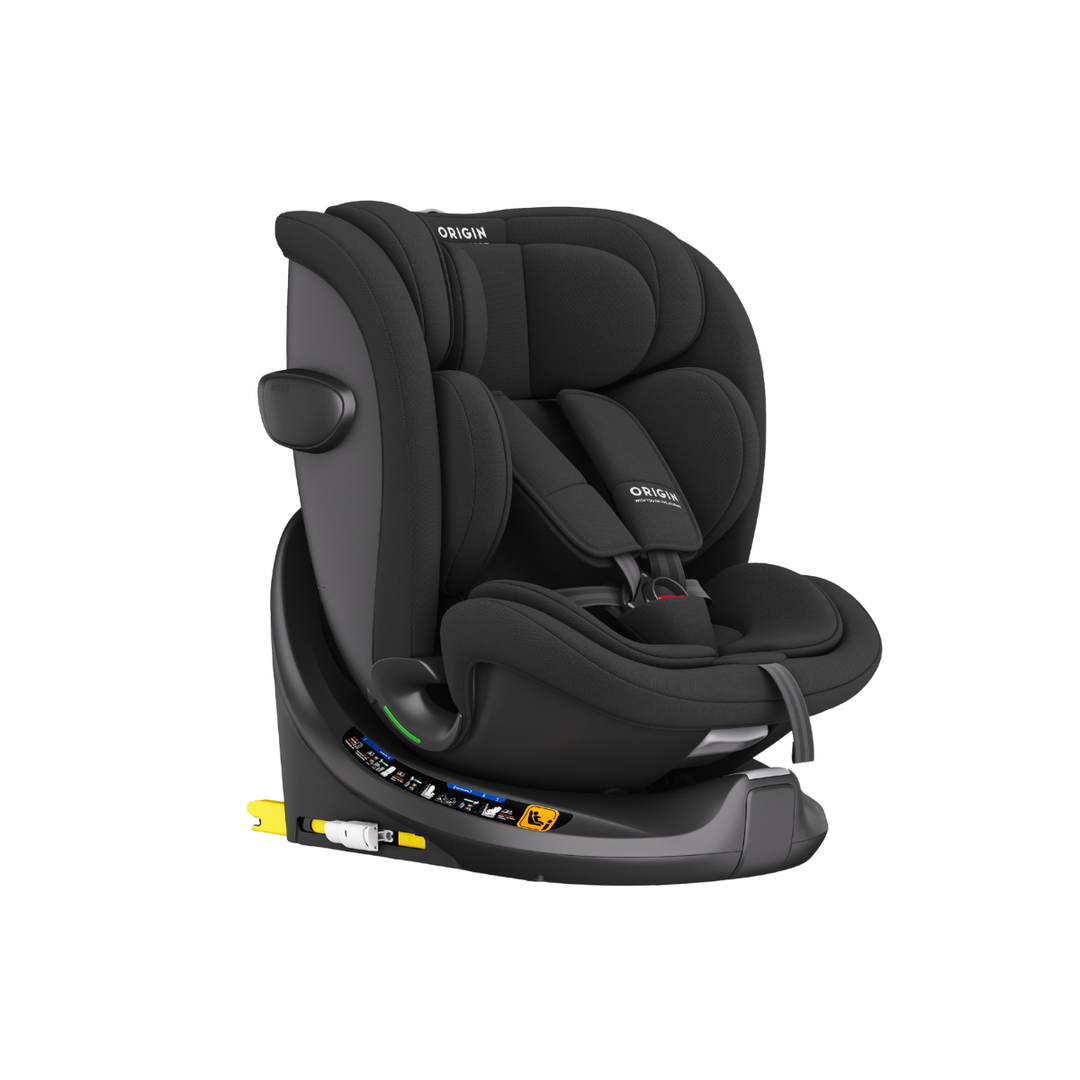 Black car seat with 'Origin' branding on a white background