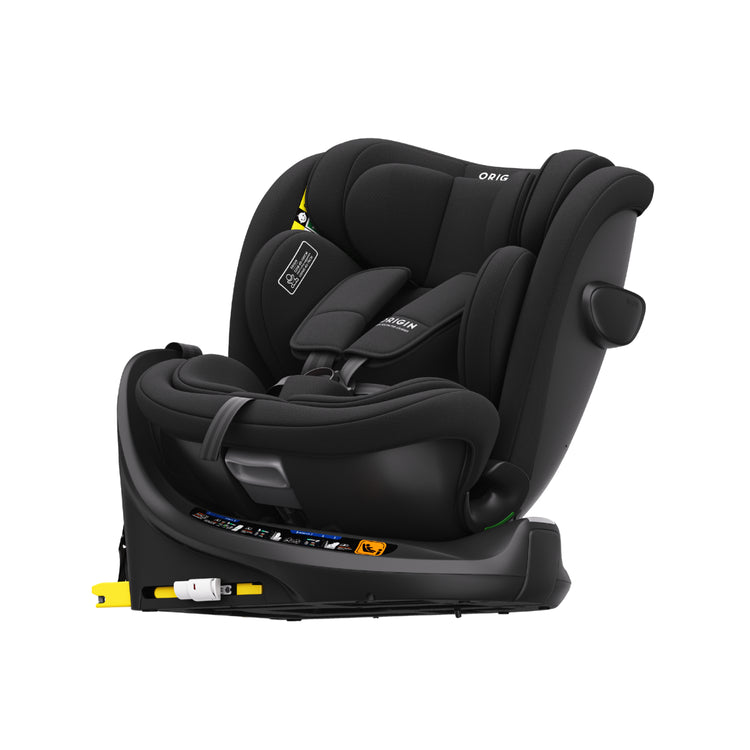 Black car seat with visible branding on a white background