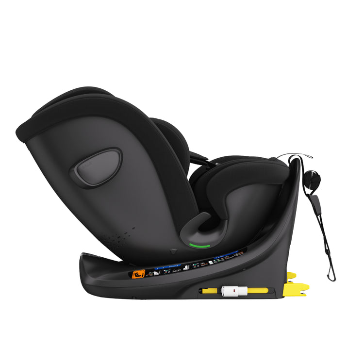 Black car seat with harness on a white background