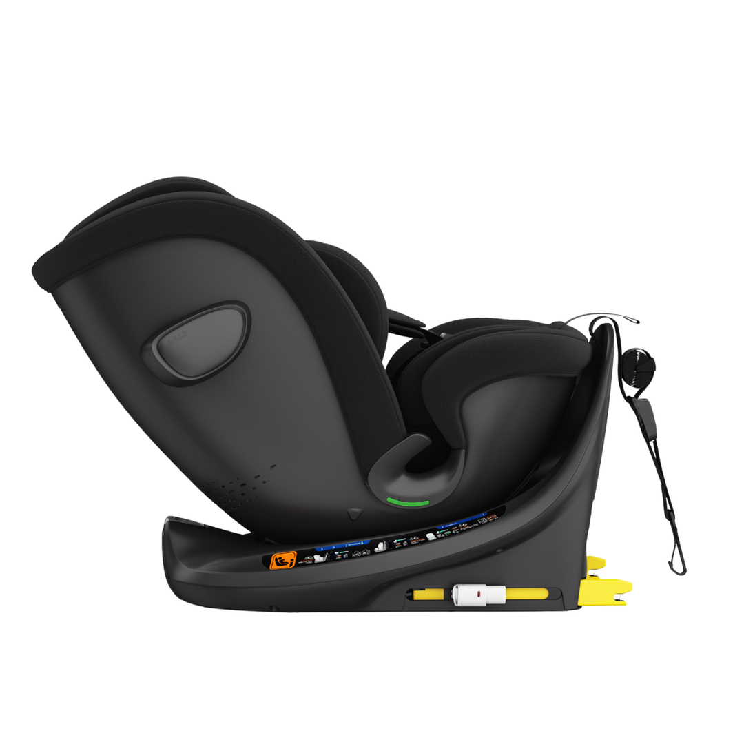 Black car seat with harness on a white background