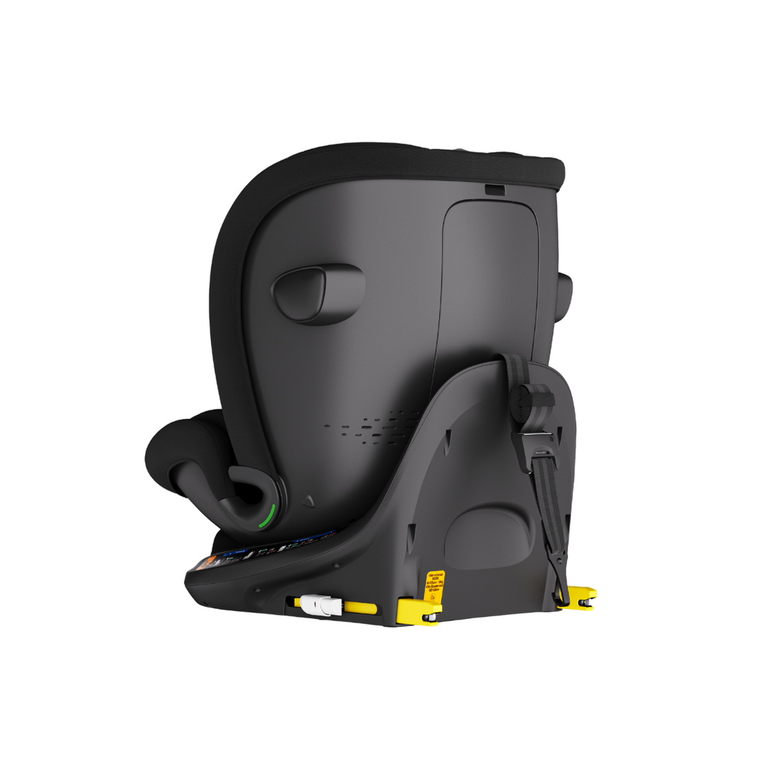 Black car seat with yellow accents on a white background