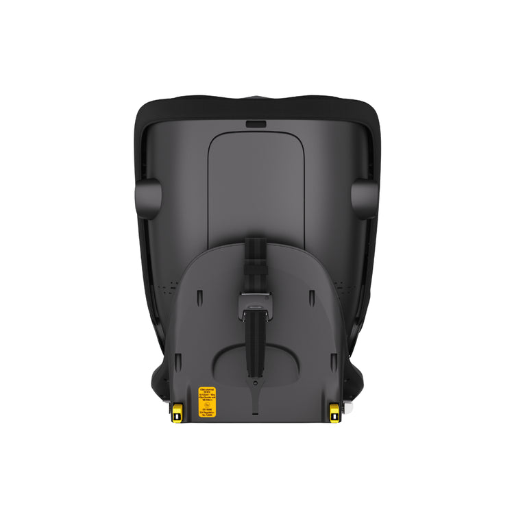Black car seat with a yellow label on a white background