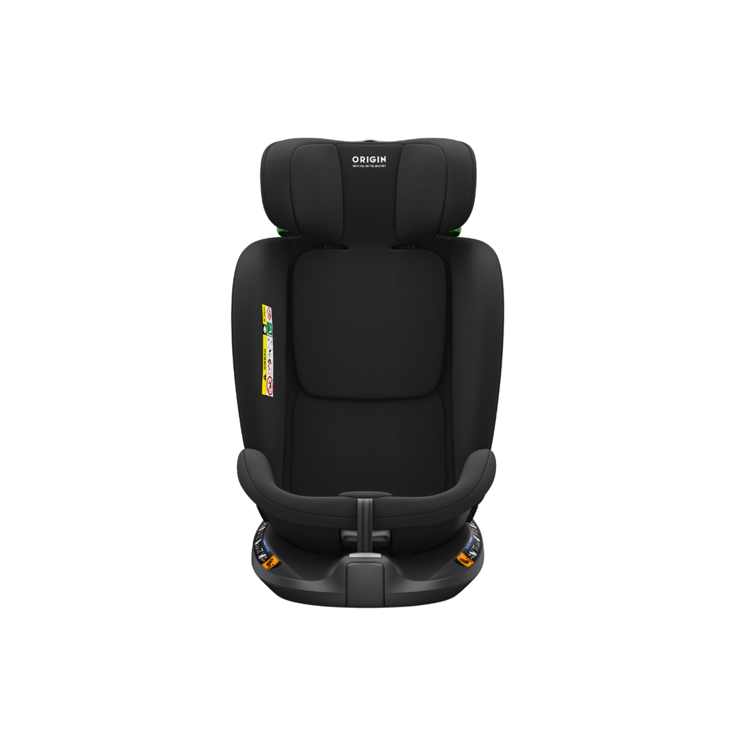 Black child car seat with 'Origin' branding on a white background