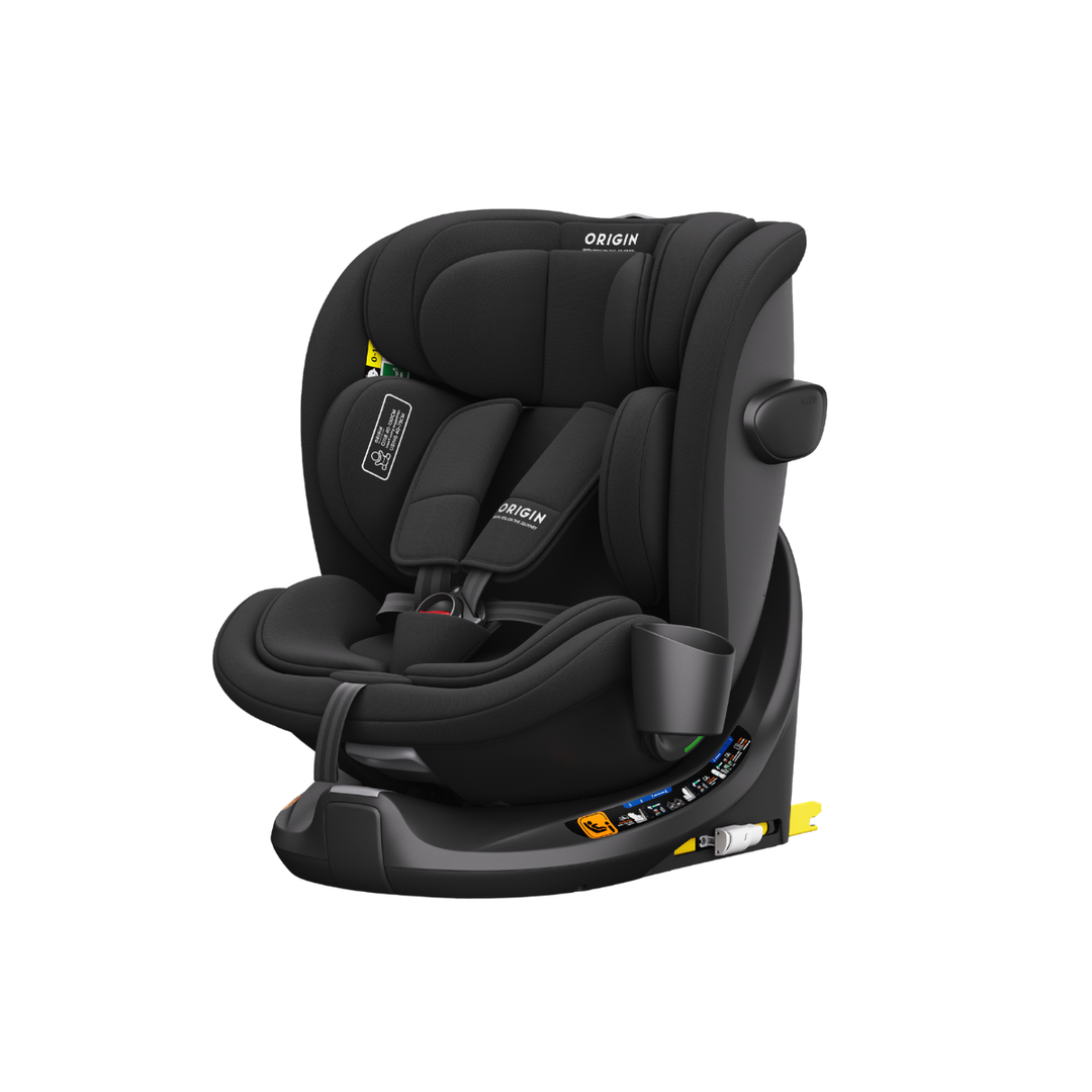 Black car seat with 'Origin' branding on a white background