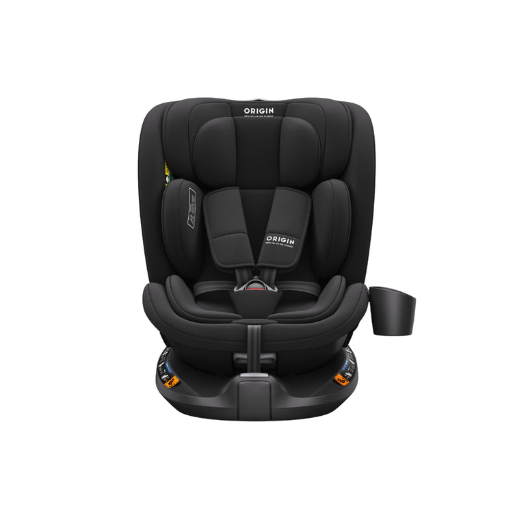 Black car seat with 'Origin' branding on a white background
