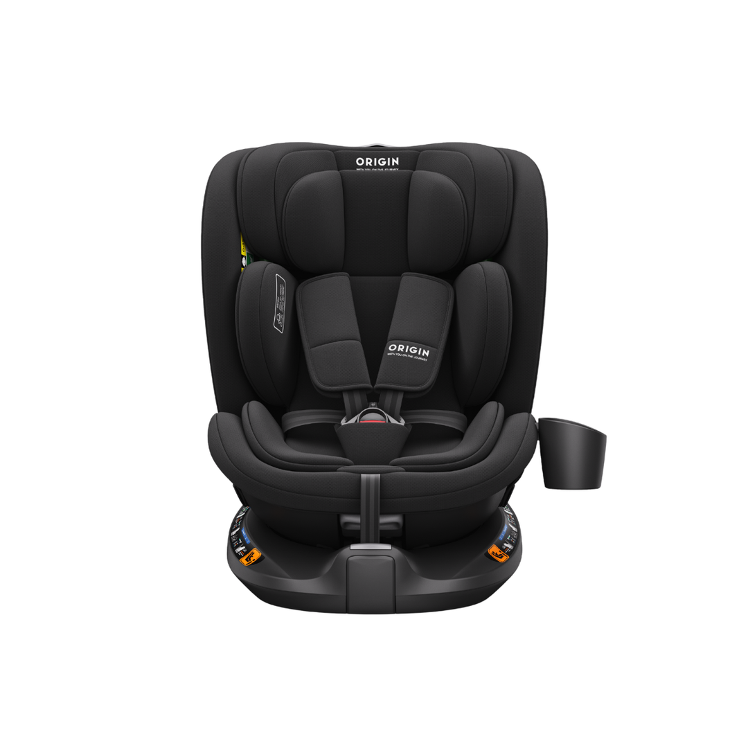 Black car seat with 'Origin' branding on a white background
