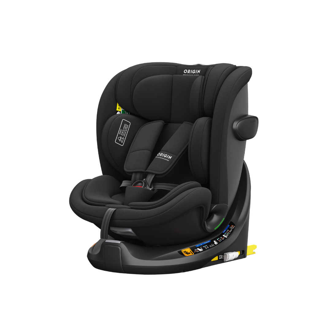 Black car seat with 'Origin' branding on a white background