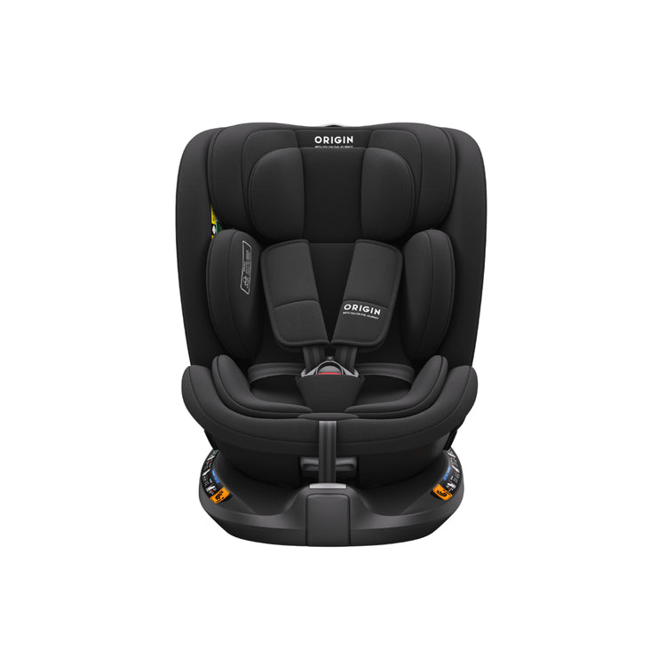 Black car seat with 'Origin' branding on a white background