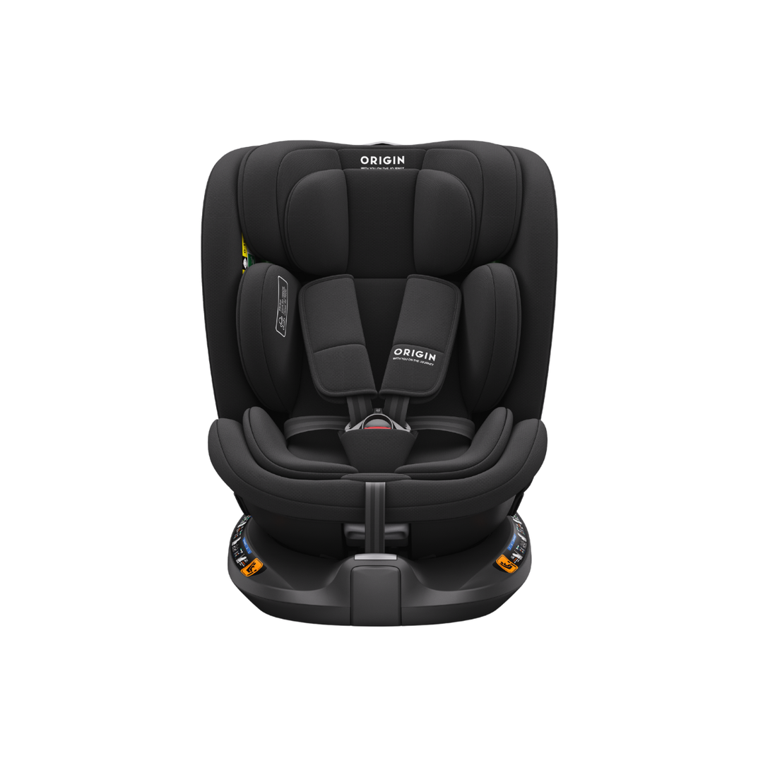 Black car seat with 'Origin' branding on a white background