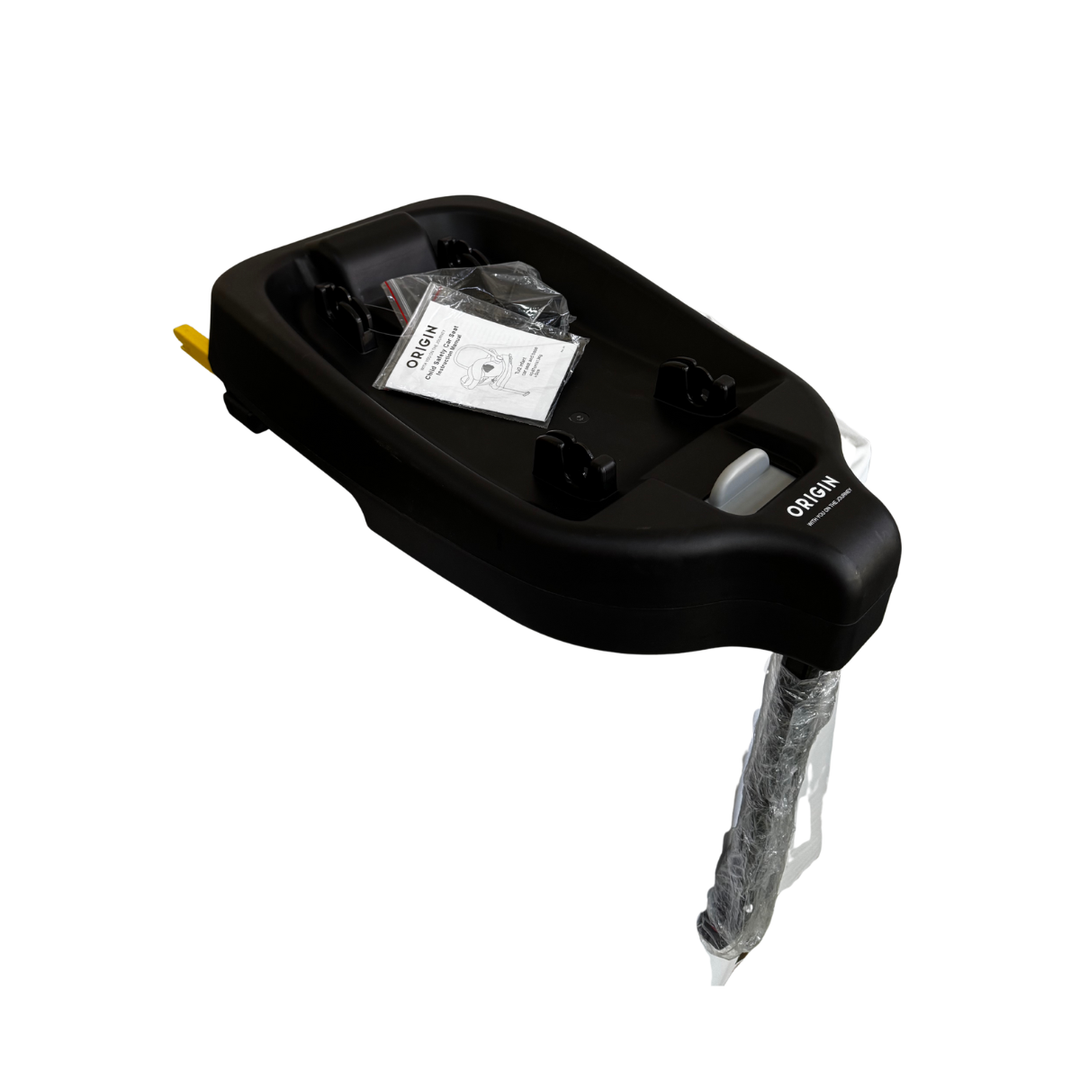 Black car seat base with a label on a white background