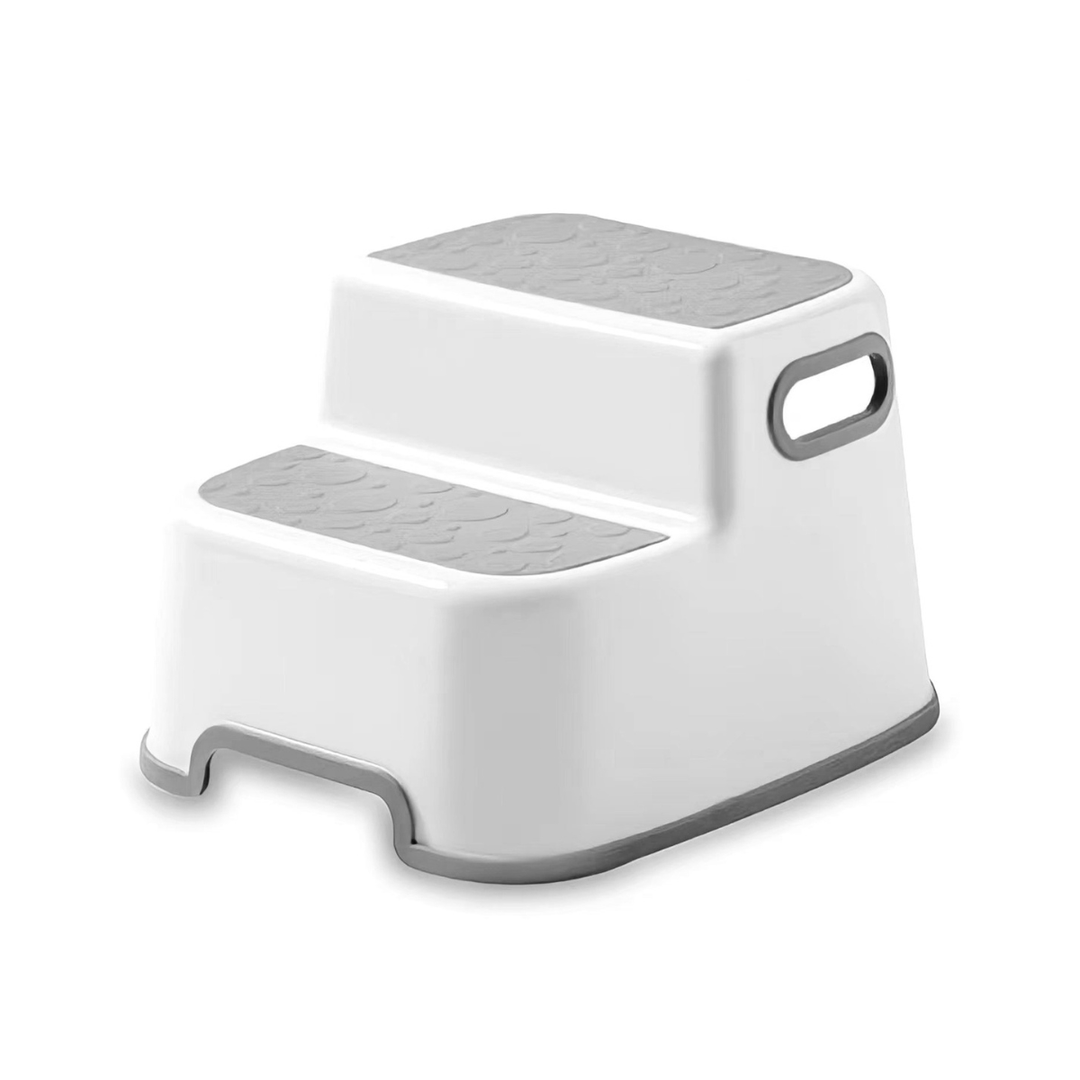 Two-step stool with gray steps and white base on a white background