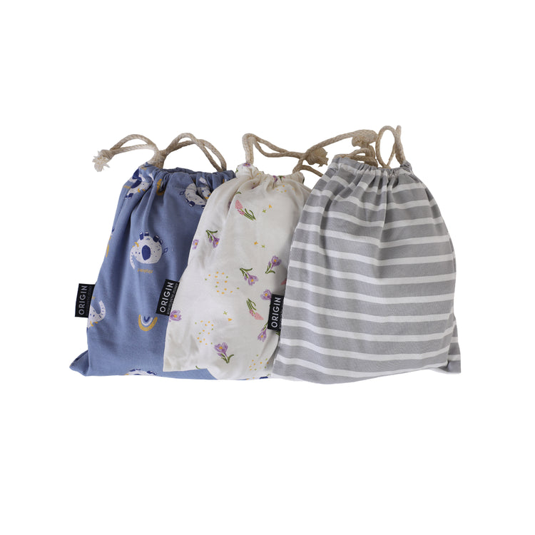 Three drawstring bags in blue, white, and gray with striped pattern on a white background