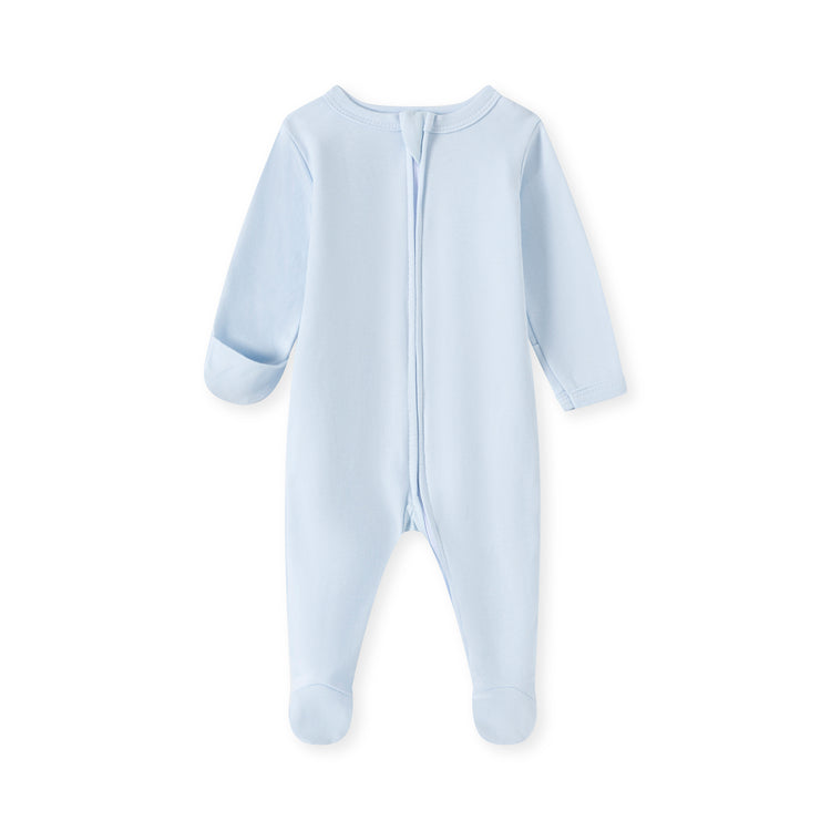 ORIGIN baby zip onesie with blue and white stripes, 2-way zipper and integrated gloves and socks