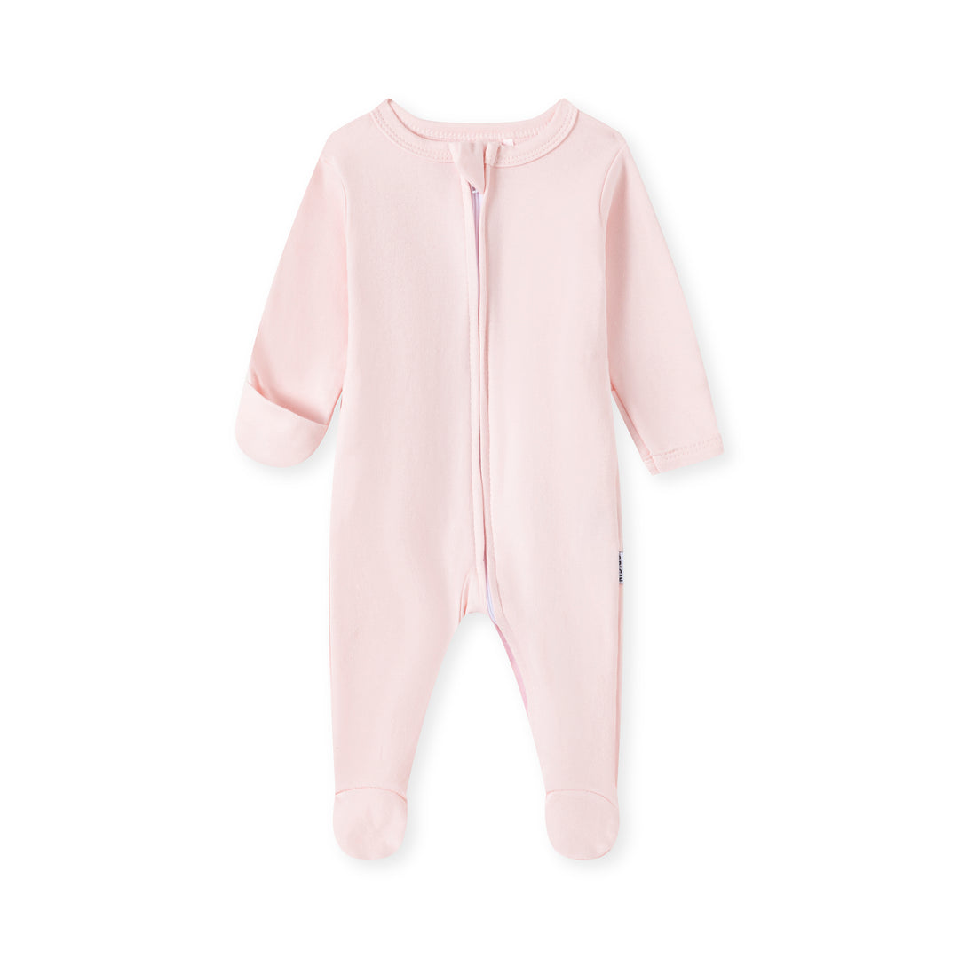 ORIGIN baby zip onesie in pink, 2-way zipper and integrated gloves and socks