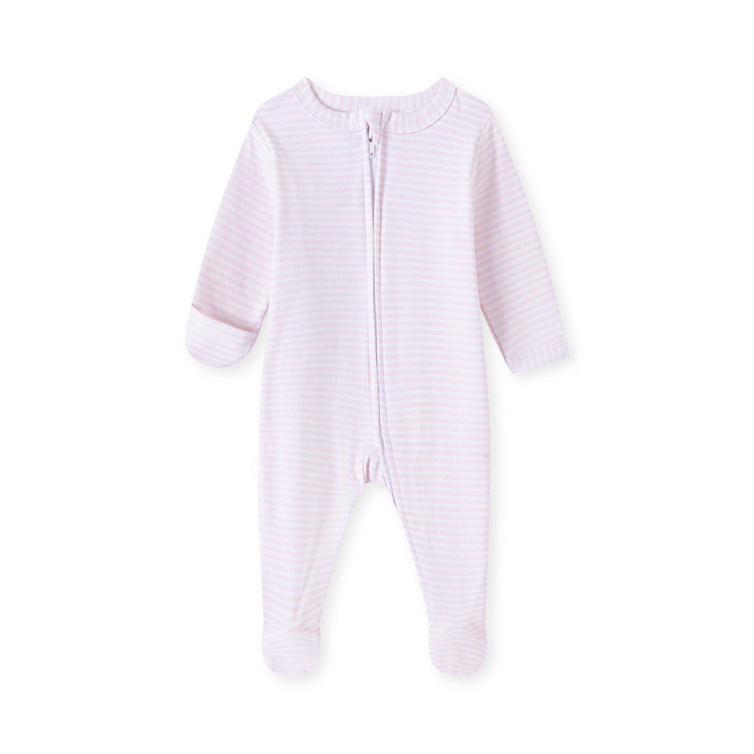 ORIGIN baby zip onesie with pink and white stripes, 2-way zipper and integrated gloves and socks