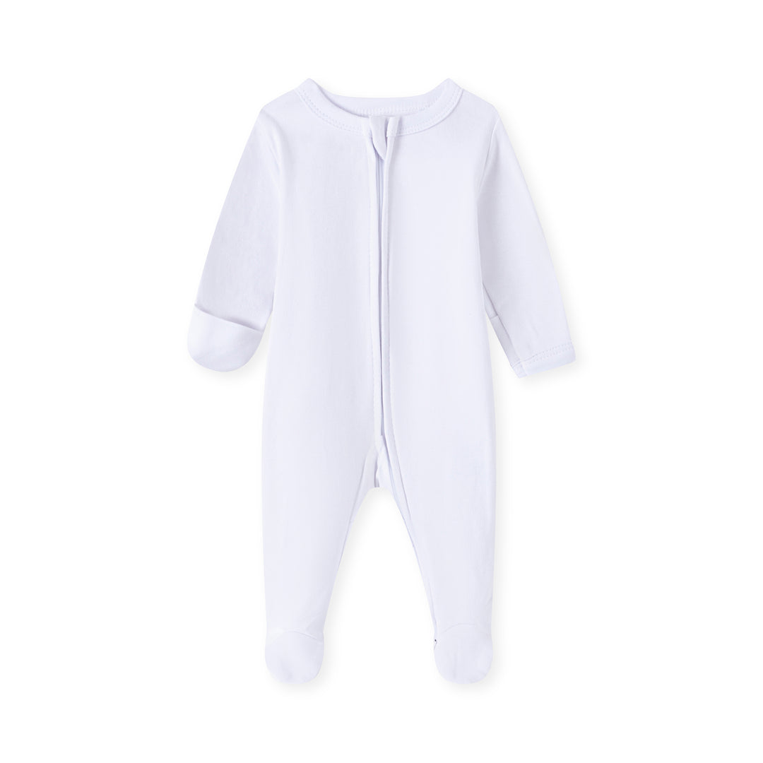ORIGIN baby zip onesie in white, 2-way zipper and integrated gloves and socks