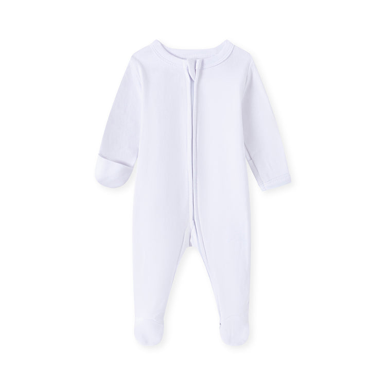 ORIGIN baby zip onesie in white, 2-way zipper and integrated gloves and socks
