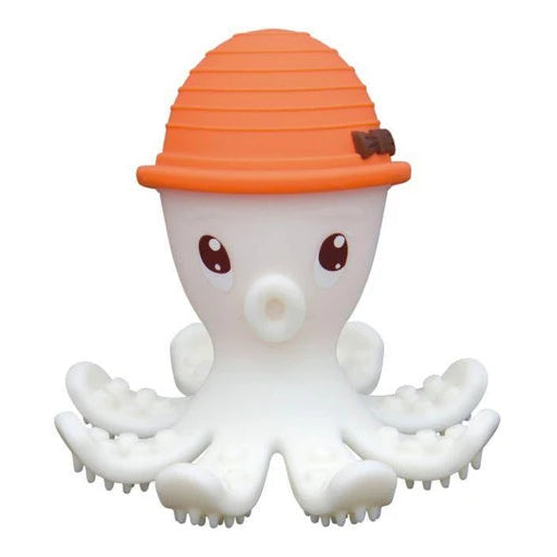 White mombella octopus teether toy with an orange hat on a white background