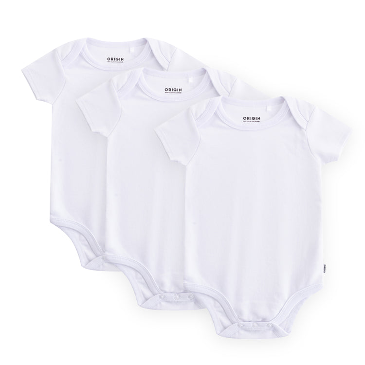 Three white baby bodysuits with 'ORIGIN' branding on a white background