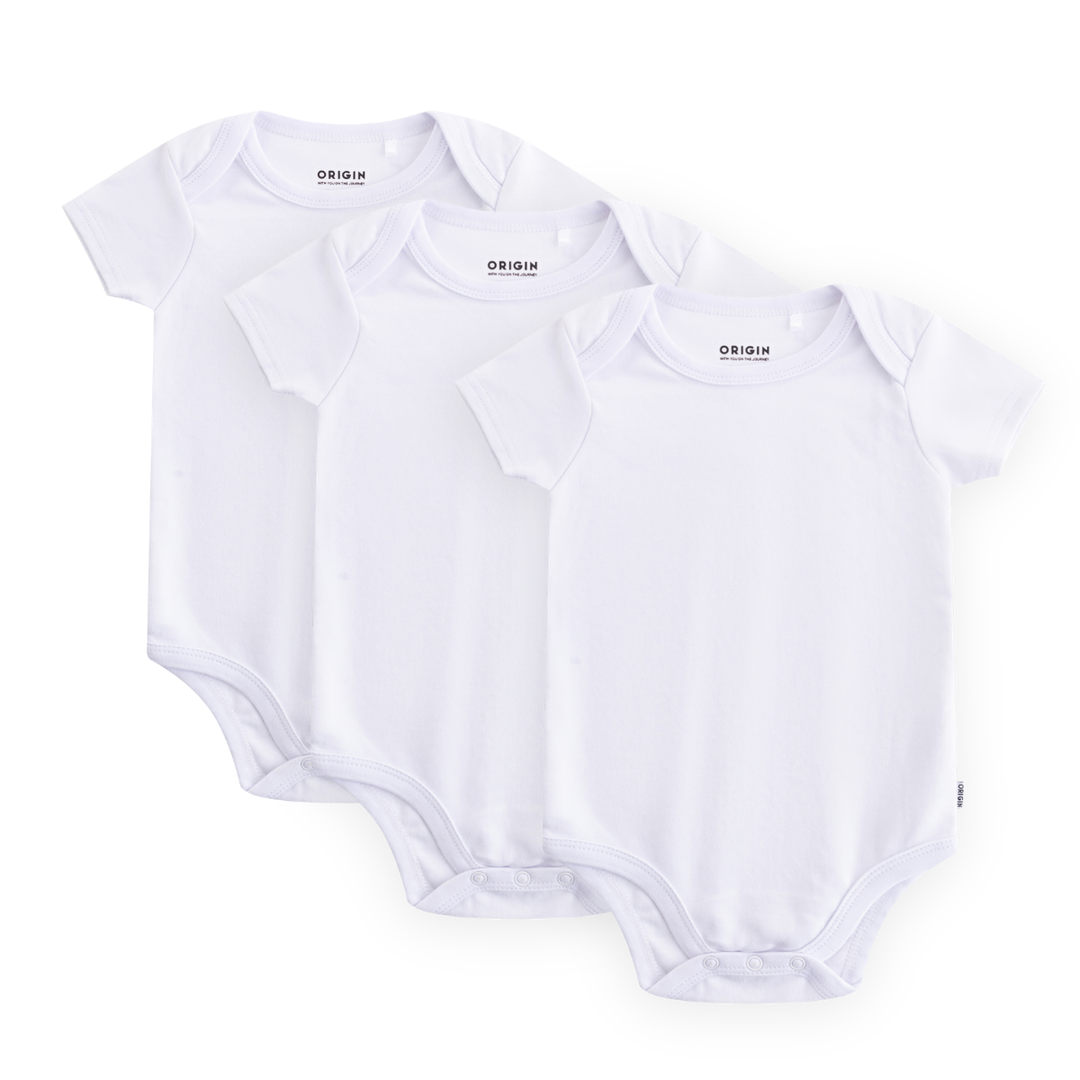 Three white baby bodysuits with 'ORIGIN' branding on a white background
