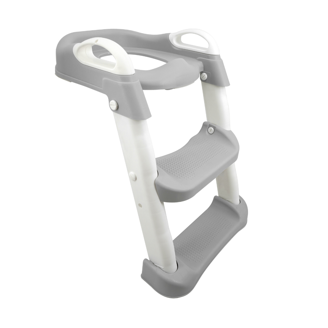 Gray step stool with three steps on a white background