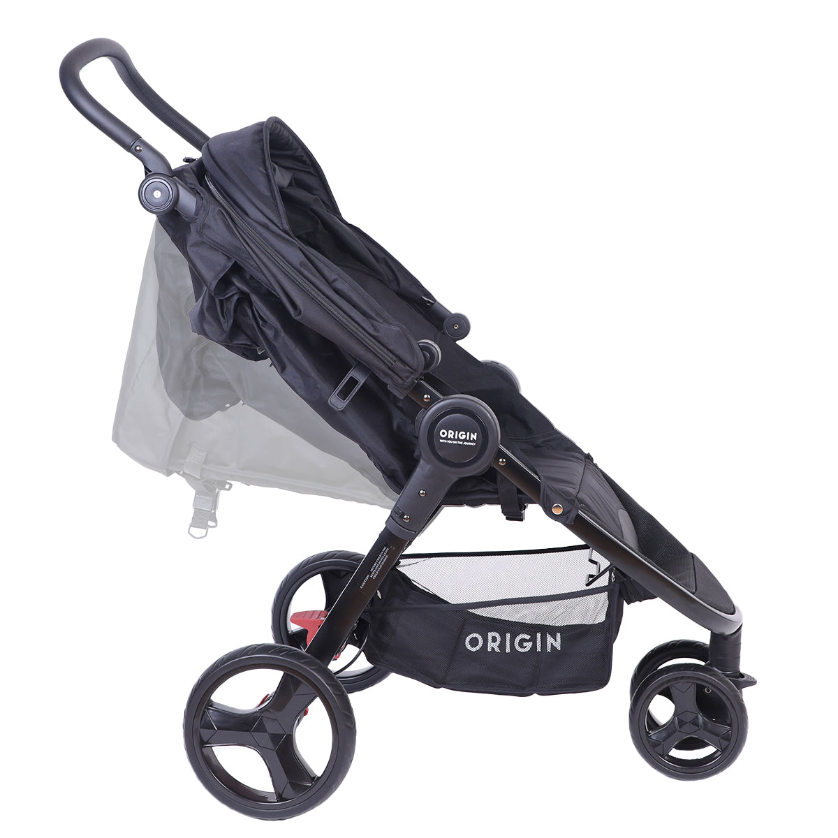 Side view of ORIGIN Falcon stroller showing large rear wheels, extendable sun canopy, storage basket and lightweight frame.