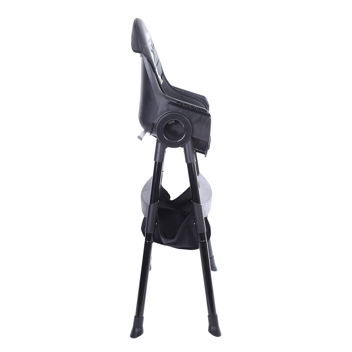 ORIGIN Manuka Highchair folded upright without tray for compact storage and easy transport.