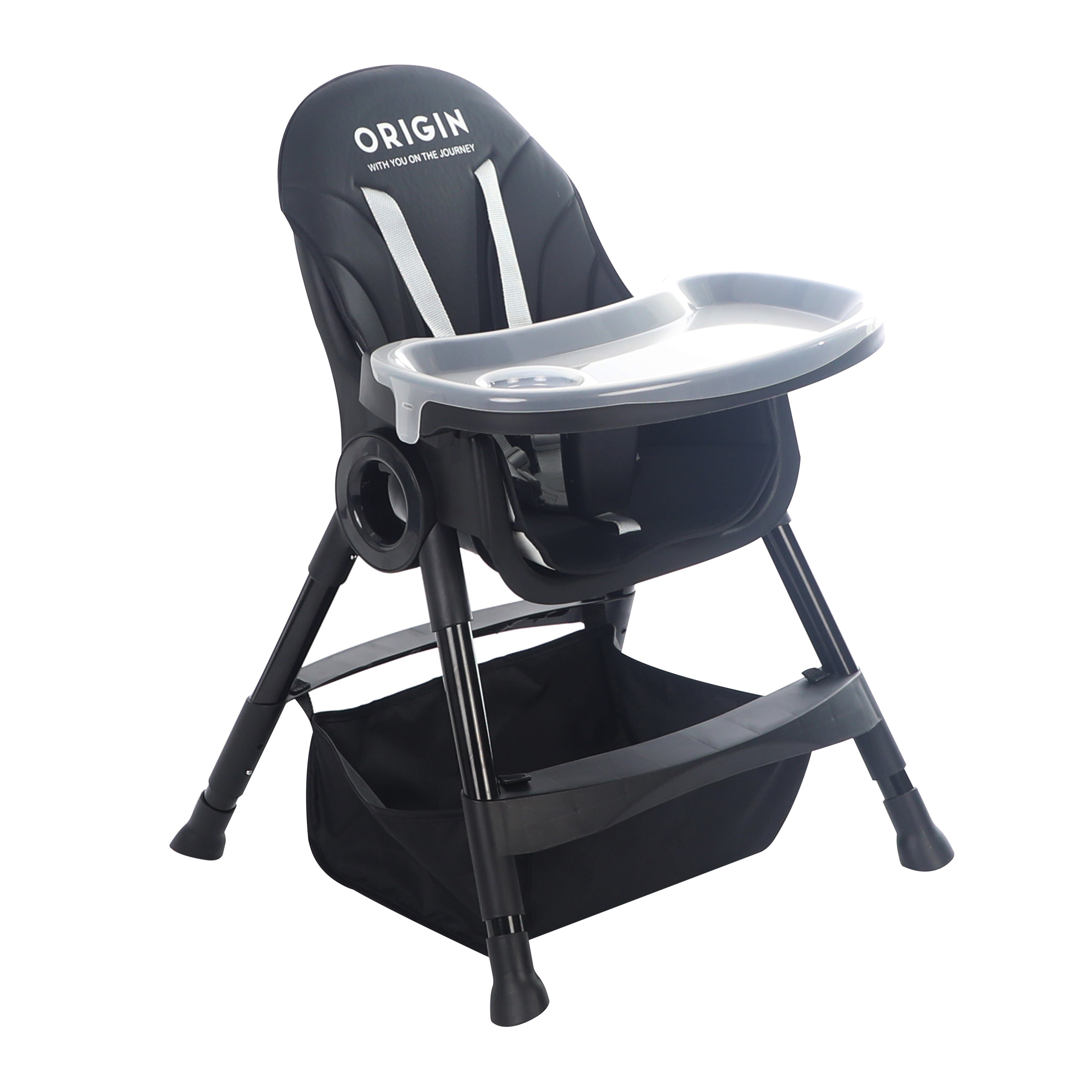 ORIGIN Manuka Highchair adjustable baby highchair shown at lower height with tray, harness and padded seat in black.