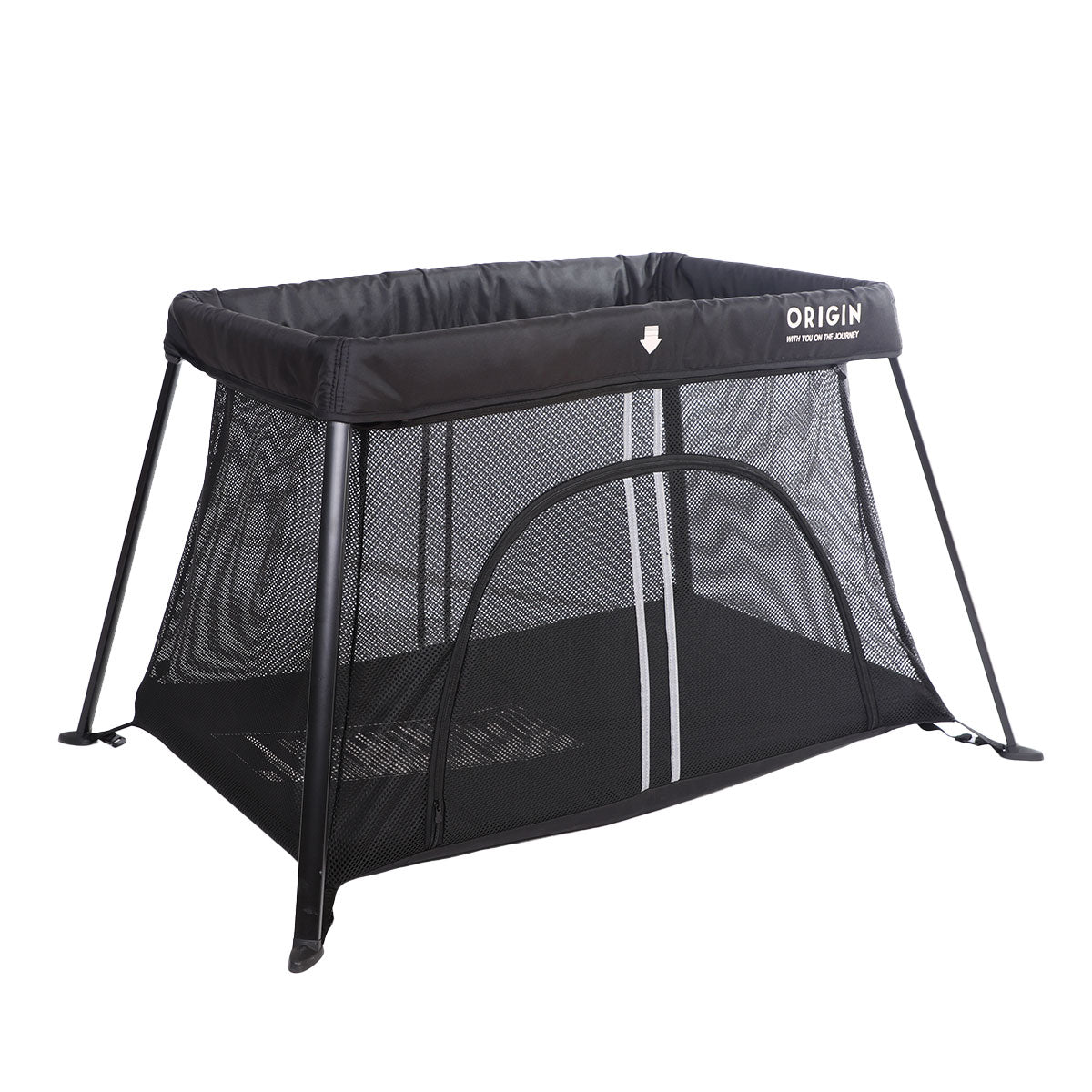 ORIGIN Kakapo portable travel cot fully assembled showing breathable mesh sides and padded railing.