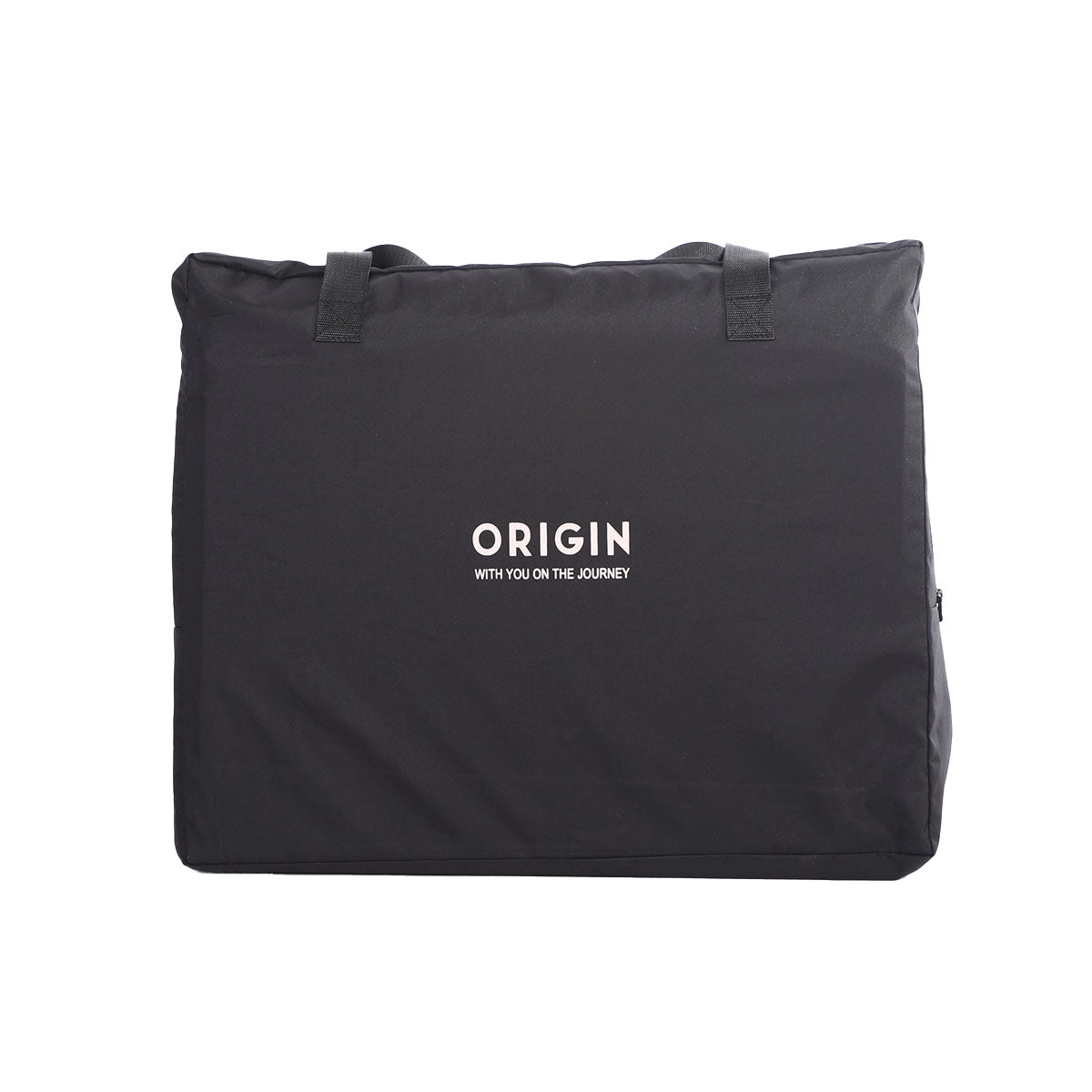 ORIGIN Kakapo portable travel cot folded and packed in included travel bag with carry handles for easy transport.