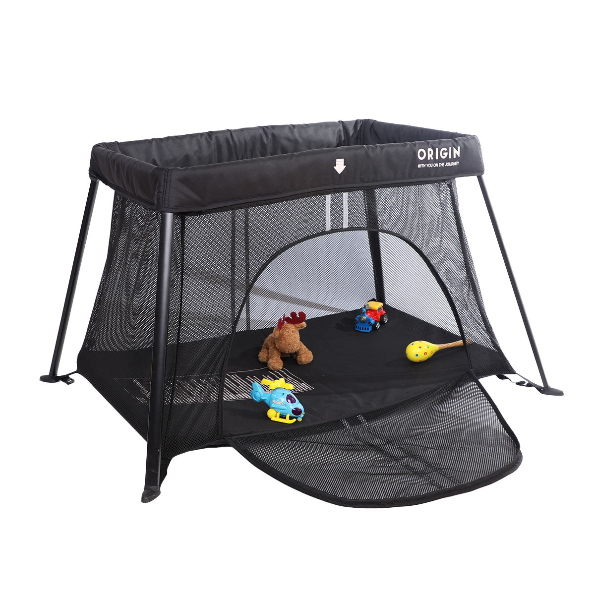 ORIGIN Kakapo portable travel cot fully assembled showing breathable mesh sides and padded railing setup in play mode with toys inside