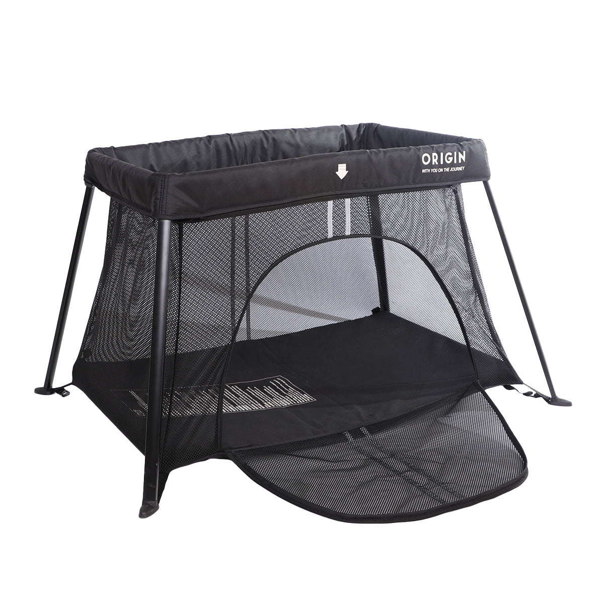 ORIGIN Kakapo portable travel cot fully assembled showing breathable mesh sides and padded railing setup in play mode