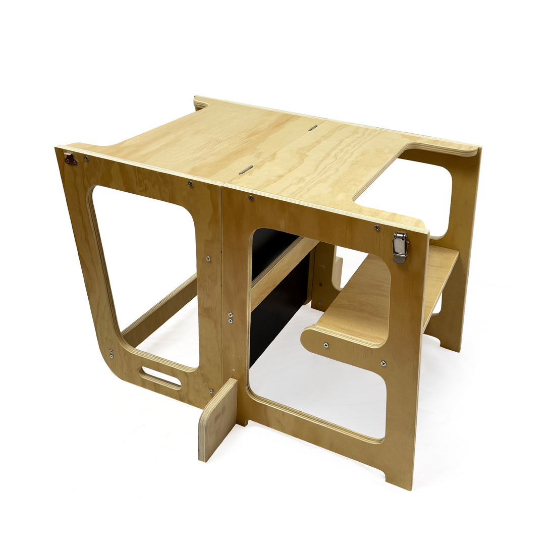 ORIGIN 3-in-1 Wooden Kitchen Helper converted into table and seat configuration with chalkboard panel underneath