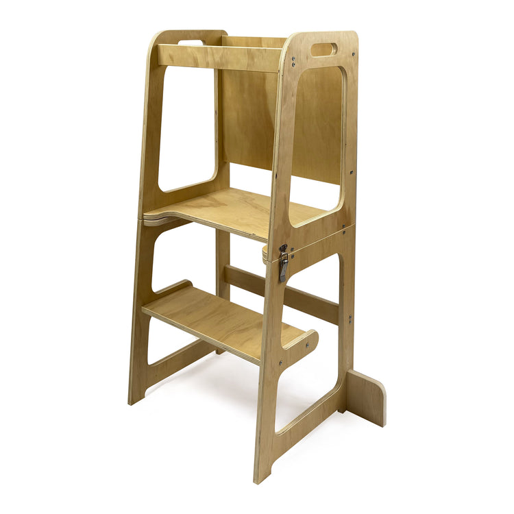 Side view of ORIGIN 3-in-1 Wooden Kitchen Helper showing the step-up platform and support rails.